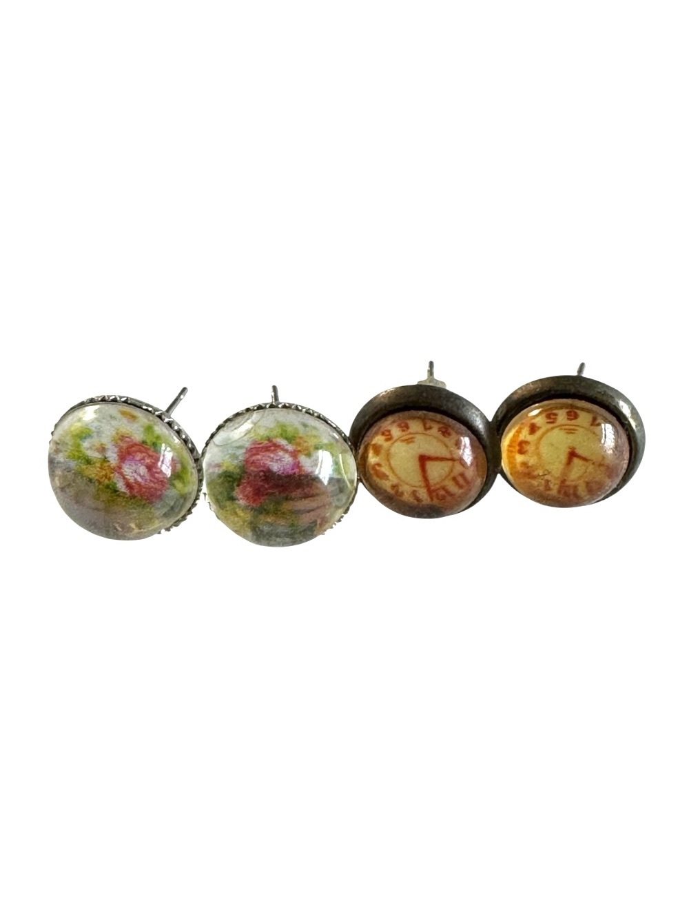 Handmade Glass Dome Stud Earrings - Pink Flowers and Clock